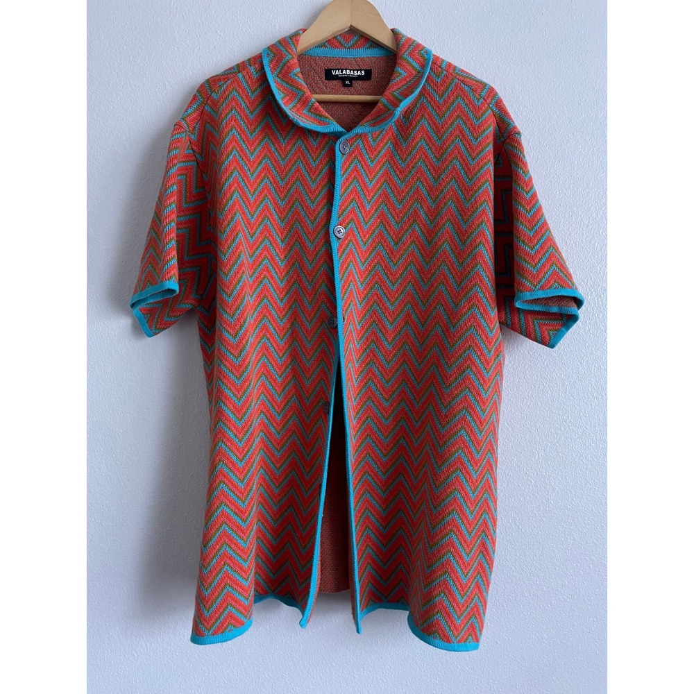 Valabasas Knit Shirt Cotton Mens XL Street Wear Orange Blue Zigzag Button Up